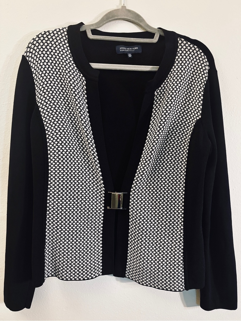 Jones New York Black and White Open-Front Petite Cardigan with Decorative Clasp